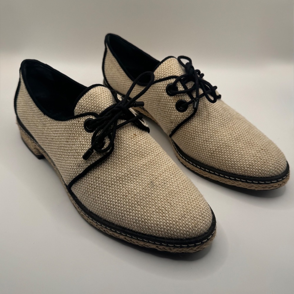 Tory Burch Beige Woven Espadrille Oxford Lace Up Flats Black Trim Women's 7.5M